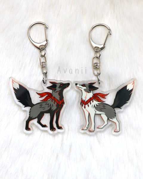 Scarf Fox - Silver and Platinum Foxes - Acrylic Charm - 2 inch double sided keychain