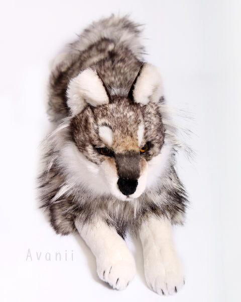 Winter Grey Wolf - Large handmade plush animal - realistic faux fur