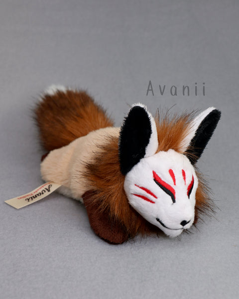Pastel Red Masked Kitsune - handmade plush animal
