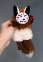 Pastel Red Masked Kitsune - handmade plush animal