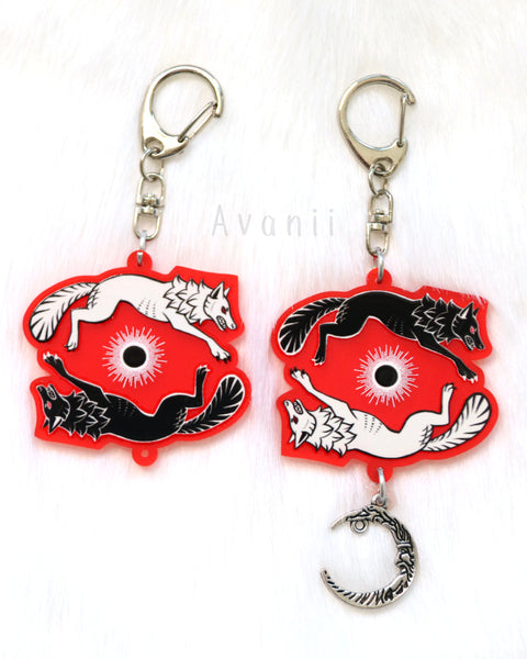 Hati and Sköll - Mythological Wolves - Red Acrylic Charm - 2 inch single sided keychain