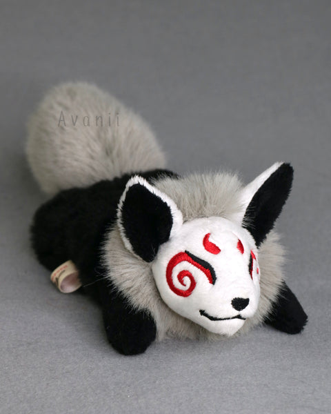 Greyscale Masked Kitsune - handmade plush animal